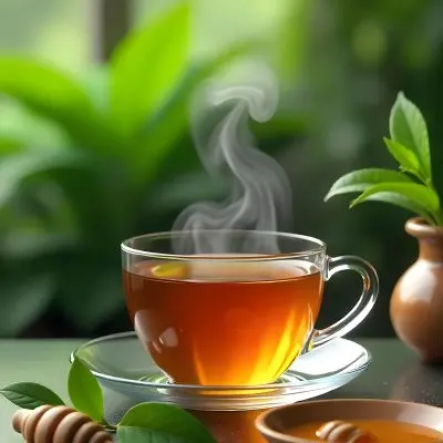 A Glass Cup With Tea On A Glass Table Steam Coming Out Of The Cup Green Plants In The Background Honey Dipper And Bowl With Honey 9 4a00