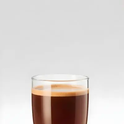 A Glass Of Dark Coffee With A Layer Of Light Brown Foam On Top Against A Plain White Background 10 D9e9