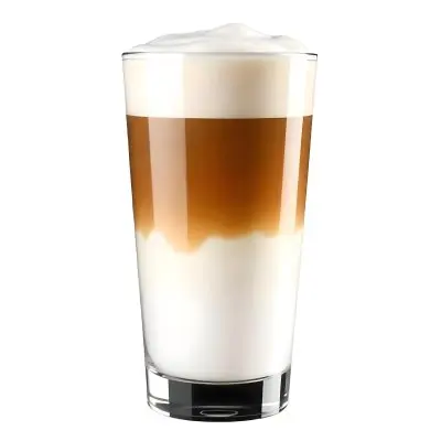A Latte Macchiato In A Glass With Three Distinct Layers Of Milk Coffee And Foam The Background Is Plain White 10 F88b