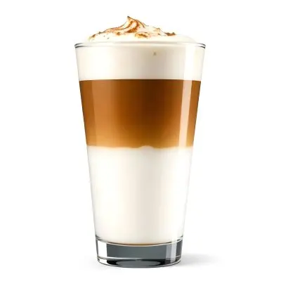 A Latte Macchiato In A Glass With Three Distinct Layers Of Milk Coffee And Foam The Background Is Plain White 20 191d