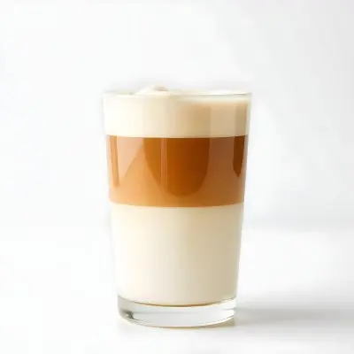 A Latte Macchiato In A Glass With Three Distinct Layers Of Milk Coffee And Foam The Background Is Plain White 22 C76b
