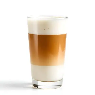 A Latte Macchiato In A Glass With Three Distinct Layers Of Milk Coffee And Foam The Background Is Plain White 23 F959