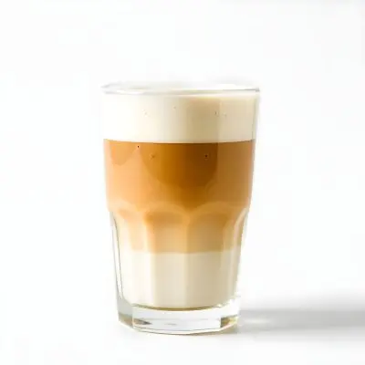 A Latte Macchiato In A Glass With Three Distinct Layers Of Milk Coffee And Foam The Background Is Plain White 24 3167