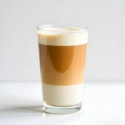 A Latte Macchiato In A Glass With Three Distinct Layers Of Milk Coffee And Foam The Background Is Plain White 28 C828