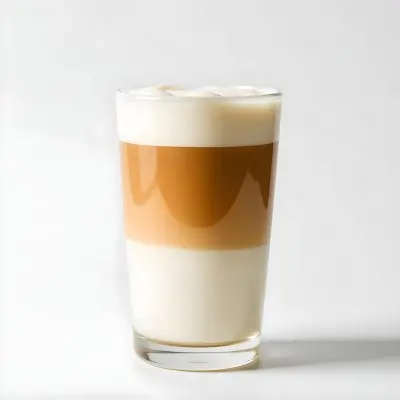 A Latte Macchiato In A Glass With Three Distinct Layers Of Milk Coffee And Foam The Background Is Plain White 3 5f06