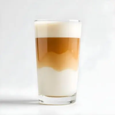 A Latte Macchiato In A Glass With Three Distinct Layers Of Milk Coffee And Foam The Background Is Plain White 30 9f56