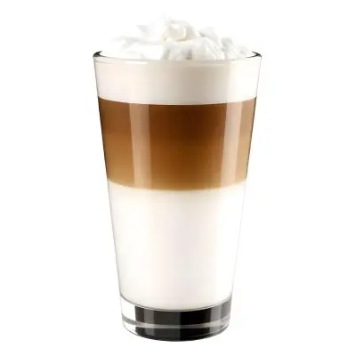 A Latte Macchiato In A Glass With Three Distinct Layers Of Milk Coffee And Foam The Background Is Plain White 4 939a