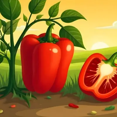 A Red Bell Pepper Plant With Red Leaves Next To A Sliced Red Bell Pepper In A Field With A Red Sky 15 Dbe4