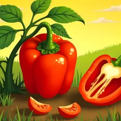A Red Bell Pepper Plant With Red Leaves Next To A Sliced Red Bell Pepper In A Field With A Red Sky 17 49ea