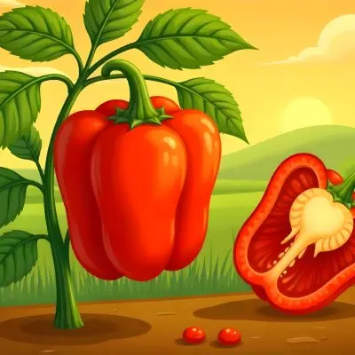 A Red Bell Pepper Plant With Red Leaves Next To A Sliced Red Bell Pepper In A Field With A Red Sky 18 1a61