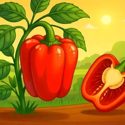 A Red Bell Pepper Plant With Red Leaves Next To A Sliced Red Bell Pepper In A Field With A Red Sky 20 E10c