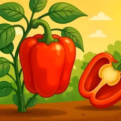 A Red Bell Pepper Plant With Red Leaves Next To A Sliced Red Bell Pepper In A Field With A Red Sky 25 E112