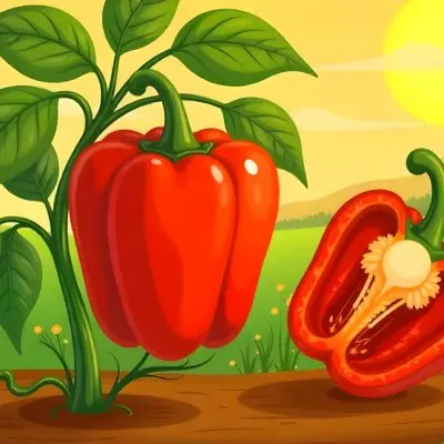 A Red Bell Pepper Plant With Red Leaves Next To A Sliced Red Bell Pepper In A Field With A Red Sky 4 577d