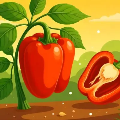 A Red Bell Pepper Plant With Red Leaves Next To A Sliced Red Bell Pepper In A Field With A Red Sky 5 05b7