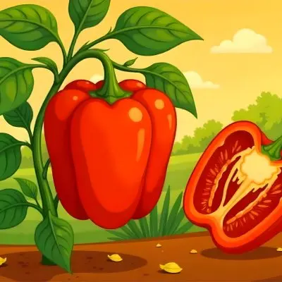A Red Bell Pepper Plant With Red Leaves Next To A Sliced Red Bell Pepper In A Field With A Red Sky 8 9c2b