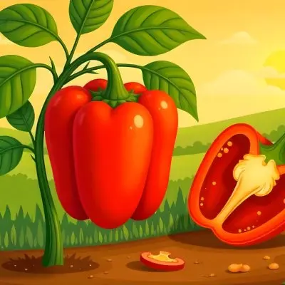 A Red Bell Pepper Plant With Red Leaves Next To A Sliced Red Bell Pepper In A Field With A Red Sky 9 9bea
