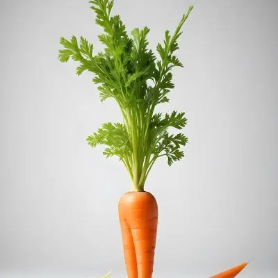 A Vibrant Orange Carrot With Lush Green Leaves Standing Upright Against A Clean White Background Showcasing Its Fresh And Healthy Appearance 11 266c