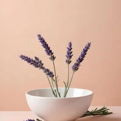 A White Ceramic Bowl With A Sprig Of Lavender On A Peach Colored Background Minimalist Composition Soft Lighting Clean Aesthetic Product Photography Product Shot 12 E168