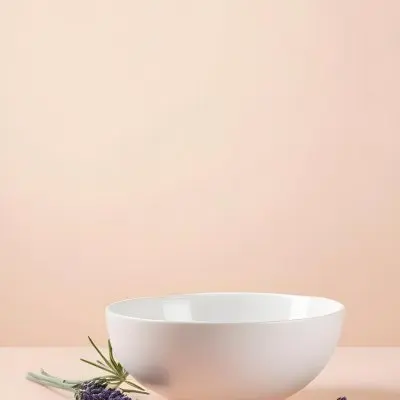 A White Ceramic Bowl With A Sprig Of Lavender On A Peach Colored Background Minimalist Composition Soft Lighting Clean Aesthetic Product Photography Product Shot 19 471b