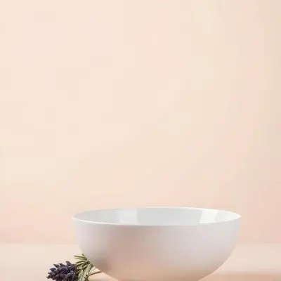 A White Ceramic Bowl With A Sprig Of Lavender On A Peach Colored Background Minimalist Composition Soft Lighting Clean Aesthetic Product Photography Product Shot 4 F24e