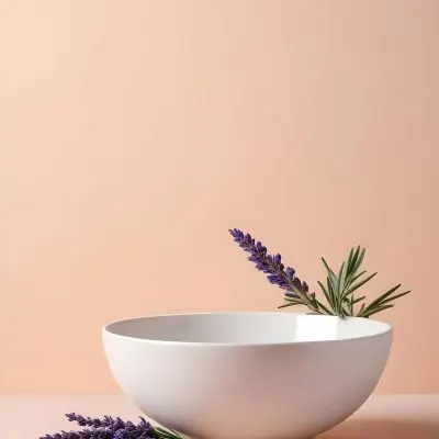 A White Ceramic Bowl With A Sprig Of Lavender On A Peach Colored Background Minimalist Composition Soft Lighting Clean Aesthetic Product Photography Product Shot 8 Dec6