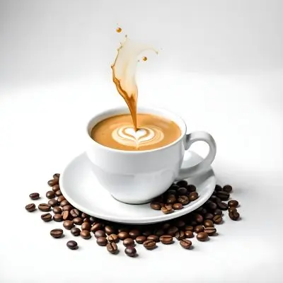 A White Cup Of Coffee With A Splash On A White Plate Surrounded By Coffee Beans On A White Background 15 148c