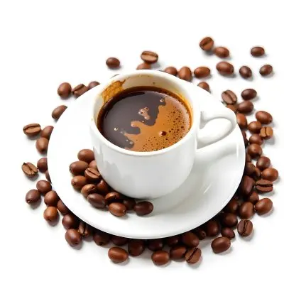A White Cup Of Coffee With A Splash On A White Plate Surrounded By Coffee Beans On A White Background 20 9eb9