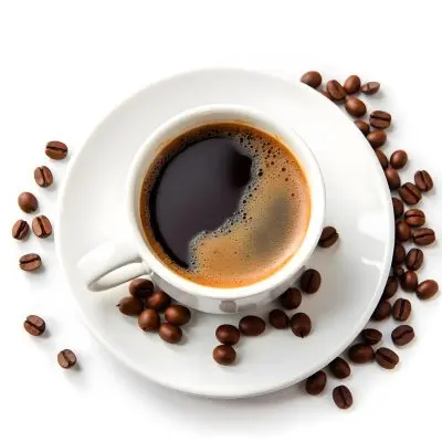 A White Cup Of Coffee With A Splash On A White Plate Surrounded By Coffee Beans On A White Background 26 B53a