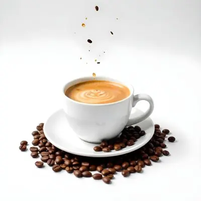 A White Cup Of Coffee With A Splash On A White Plate Surrounded By Coffee Beans On A White Background 30 B195