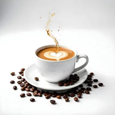A White Cup Of Coffee With A Splash On A White Plate Surrounded By Coffee Beans On A White Background 32 5b52