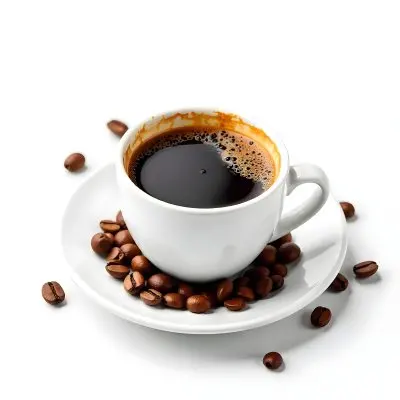 A White Cup Of Coffee With A Splash On A White Plate Surrounded By Coffee Beans On A White Background 6 9984