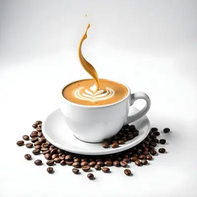 A White Cup Of Coffee With A Splash On A White Plate Surrounded By Coffee Beans On A White Background 9 B4b1