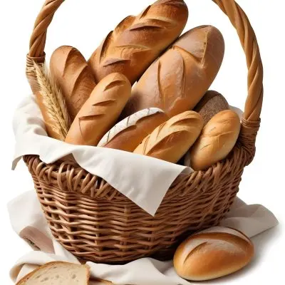 A Wicker Basket Filled With Various Types Of Freshly Baked Bread Including Baguettes Rolls And Loaves The Bread Appears To Be Golden Brown In Color And The Basket Is Placed On A White Surfac 3 4076