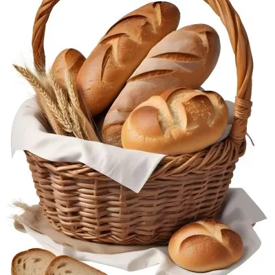 A Wicker Basket Filled With Various Types Of Freshly Baked Bread Including Baguettes Rolls And Loaves The Bread Appears To Be Golden Brown In Color And The Basket Is Placed On A White Surfac 4 2e30