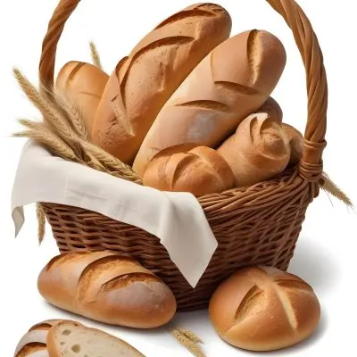 A Wicker Basket Filled With Various Types Of Freshly Baked Bread Including Baguettes Rolls And Loaves The Bread Appears To Be Golden Brown In Color And The Basket Is Placed On A White Surfac 5 D1ed