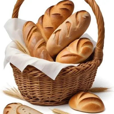 A Wicker Basket Filled With Various Types Of Freshly Baked Bread Including Baguettes Rolls And Loaves The Bread Appears To Be Golden Brown In Color And The Basket Is Placed On A White Surfac 6 01d6