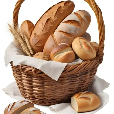 A Wicker Basket Filled With Various Types Of Freshly Baked Bread Including Baguettes Rolls And Loaves The Bread Appears To Be Golden Brown In Color And The Basket Is Placed On A White Surfac 7 05be