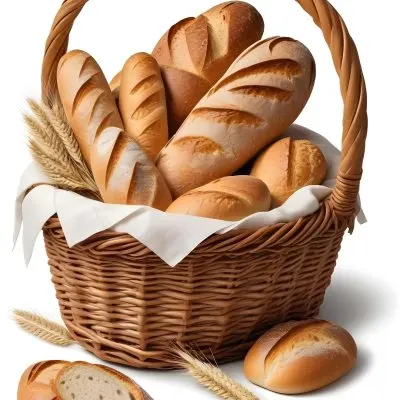 A Wicker Basket Filled With Various Types Of Freshly Baked Bread Including Baguettes Rolls And Loaves The Bread Appears To Be Golden Brown In Color And The Basket Is Placed On A White Surfac 8 44e8