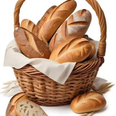 A Wicker Basket Filled With Various Types Of Freshly Baked Bread Including Baguettes Rolls And Loaves The Bread Appears To Be Golden Brown In Color And The Basket Is Placed On A White Surfac 9 D0a7