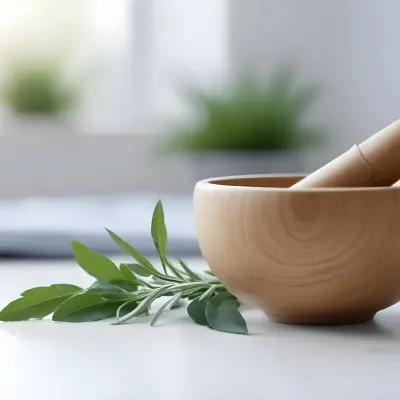 A Wooden Bowl With Fresh Green Herbs Possibly Sage On A Light Background With Blurred Greenery In The Background 13 Ce02