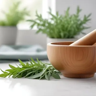 A Wooden Bowl With Fresh Green Herbs Possibly Sage On A Light Background With Blurred Greenery In The Background 16 A467