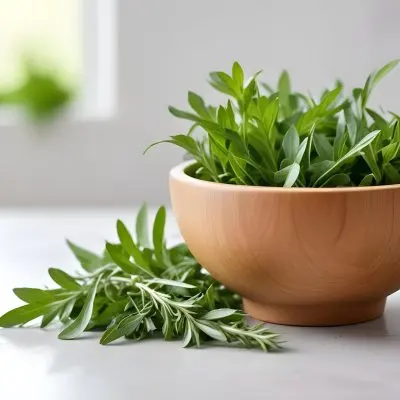 A Wooden Bowl With Fresh Green Herbs Possibly Sage On A Light Background With Blurred Greenery In The Background 18 3a62