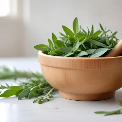 A Wooden Bowl With Fresh Green Herbs Possibly Sage On A Light Background With Blurred Greenery In The Background 20 999e
