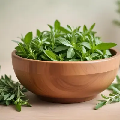 A Wooden Bowl With Fresh Green Herbs Possibly Sage On A Light Background With Blurred Greenery In The Background 23 0f09