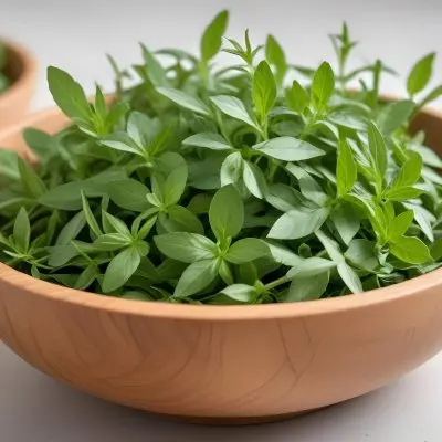 A Wooden Bowl With Fresh Green Herbs Possibly Sage On A Light Background With Blurred Greenery In The Background 3 36f0