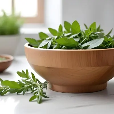 A Wooden Bowl With Fresh Green Herbs Possibly Sage On A Light Background With Blurred Greenery In The Background 5 Dc9a