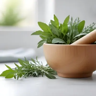 A Wooden Bowl With Fresh Green Herbs Possibly Sage On A Light Background With Blurred Greenery In The Background 6 F3ef
