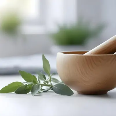 A Wooden Bowl With Fresh Green Herbs Possibly Sage On A Light Background With Blurred Greenery In The Background 7 Fb8c