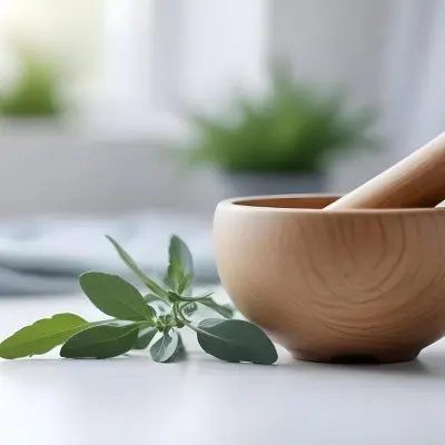 A Wooden Bowl With Fresh Green Herbs Possibly Sage On A Light Background With Blurred Greenery In The Background 8 163d