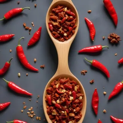 A Wooden Spoon Filled With Red Chili Peppers On A Bed Of Dried Chili Flakes 1 8d8e